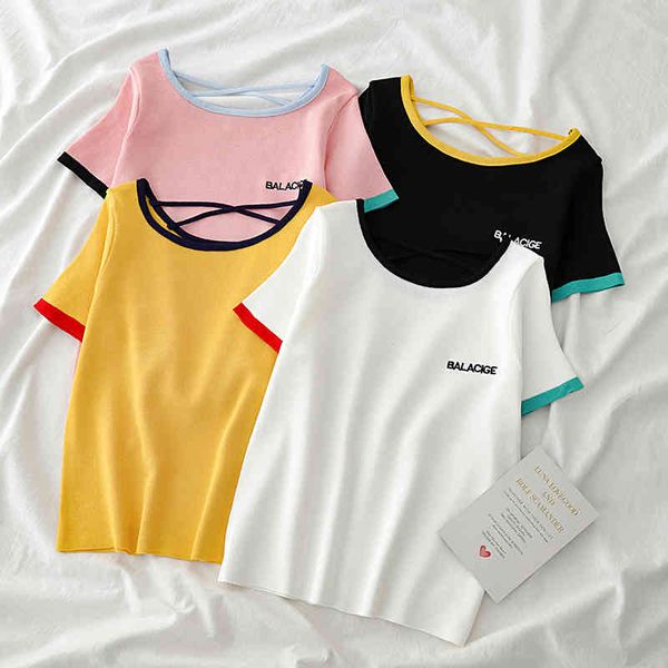 tees women backless o-neck solid plain knitted short sleeve summer tee womem 210518, White
tees women backless o-neck solid plain knitted short sleeve summer tee womem 210518, White