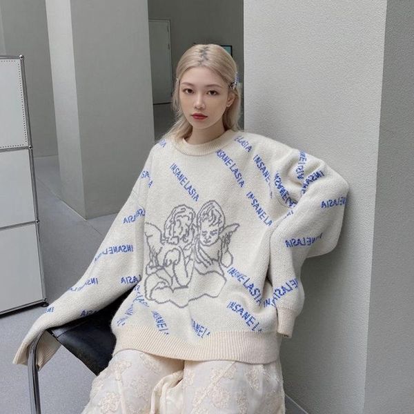 women's sweaters oversized streetwear angel pattern sweater lazy pullover korean version round neck fashion women 2021 spring, White;black
women's sweaters oversized streetwear angel pattern sweater lazy pullover korean version round neck fashion women 2021 spring, White;black