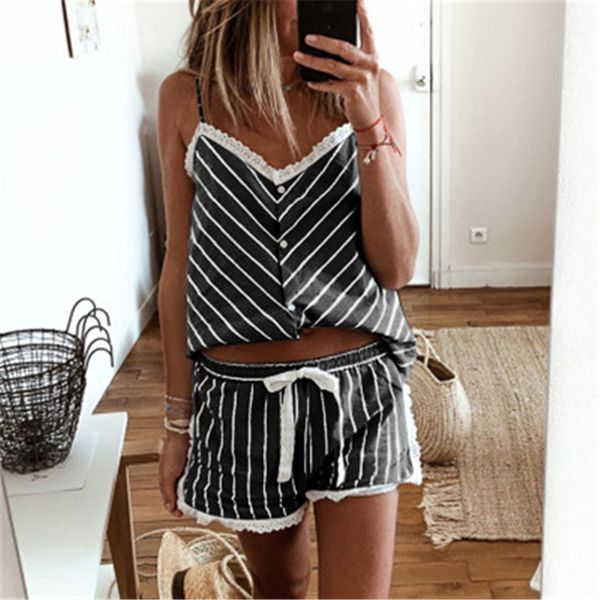 womens stripe printing sleepwear fashion trend sling sleeveless drawstring shorts 2pcs sets pajamas female spring casual home clothes, Black;red
womens stripe printing sleepwear fashion trend sling sleeveless drawstring shorts 2pcs sets pajamas female spring casual home clothes, Black;red