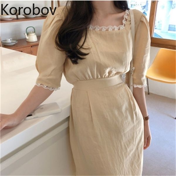 korobov summer sweet lace vintage dress women square collar slim high waist puff sleeve dresses new chic elegant dress 210430, Black;gray 
korobov summer sweet lace vintage dress women square collar slim high waist puff sleeve dresses new chic elegant dress 210430, Black;gray