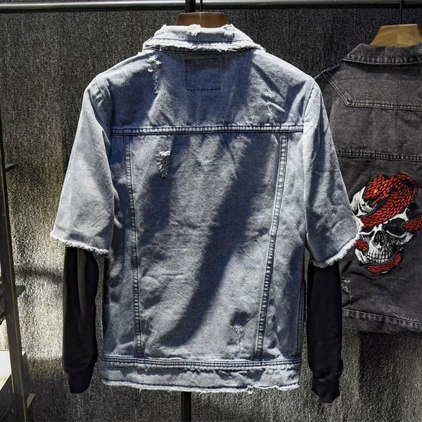 men's jackets harajuku spring autumn fake two pieces mens denim long sleeve zipper lapel hole ripped male casual outerwear coats, Black;brown
men's jackets harajuku spring autumn fake two pieces mens denim long sleeve zipper lapel hole ripped male casual outerwear coats, Black;brown