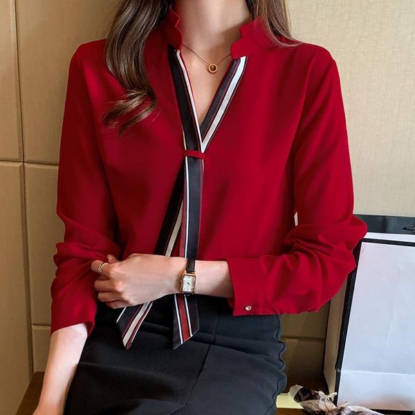 women's blouses & shirts red office ladies chiffon blouse women 2021 korean fashion bow v neck long sleeve elegant shirt clothes chemis, White
women's blouses & shirts red office ladies chiffon blouse women 2021 korean fashion bow v neck long sleeve elegant shirt clothes chemis, White