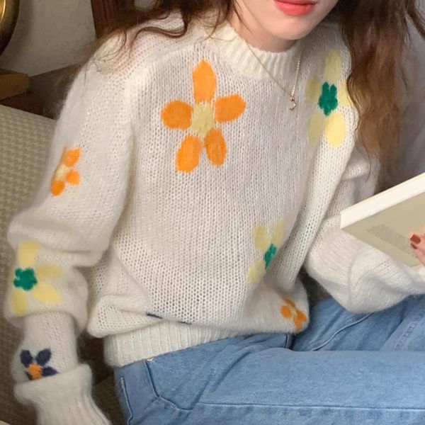 women's sweaters woman 2021 korean fashion gentle o neck color embroidered flowers loose wild long sleeve knit pullover sweater, White;black
women's sweaters woman 2021 korean fashion gentle o neck color embroidered flowers loose wild long sleeve knit pullover sweater, White;black