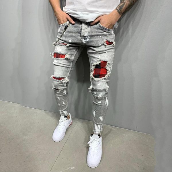 men's jeans quilted embroidered skinny ripped grid stretch denim pants elastic waist patchwork jogging trousers r5, Blue
men's jeans quilted embroidered skinny ripped grid stretch denim pants elastic waist patchwork jogging trousers r5, Blue