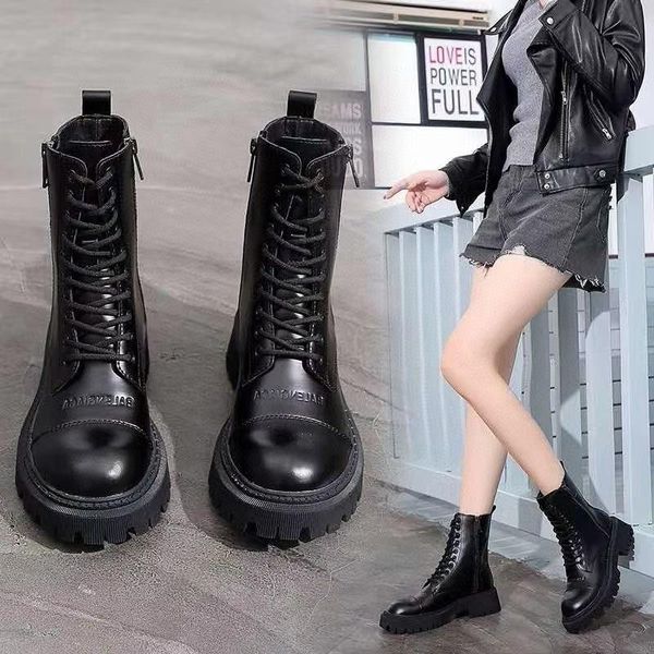 boots women's medium tube knights' boots, leather fashion thick soled and, Black
