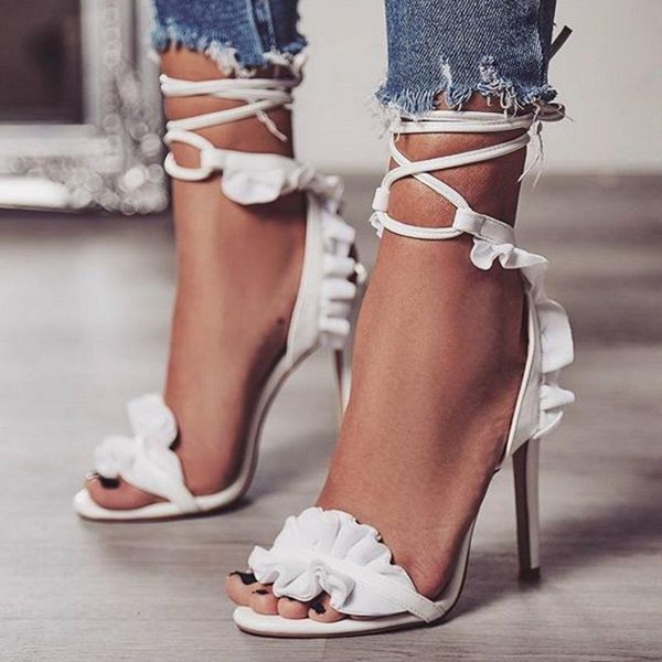 fashion summer women sandals ruffle casual pu lace up thin heels 11.5cm high open toed shoes pumps, Black
fashion summer women sandals ruffle casual pu lace up thin heels 11.5cm high open toed shoes pumps, Black