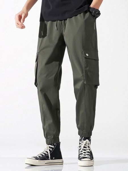 men drawstring waist flap pocket cargo pants t6lx#, Black