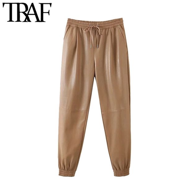 women fashion with drawstring faux leather pants vintage high elastic waist pockets female ankle trousers mujer 210507, Black;white
women fashion with drawstring faux leather pants vintage high elastic waist pockets female ankle trousers mujer 210507, Black;white