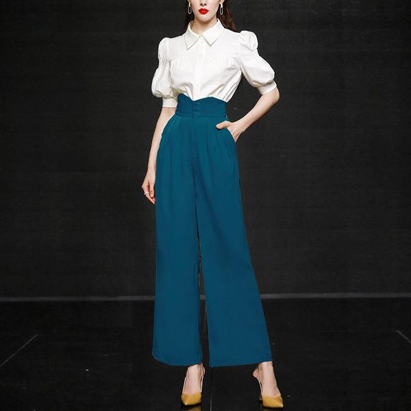 women's two piece pants summer women elegant puff sleeve blouse +high waist wide leg pant set removable strap trouser suits female offi, White
women's two piece pants summer women elegant puff sleeve blouse +high waist wide leg pant set removable strap trouser suits female offi, White