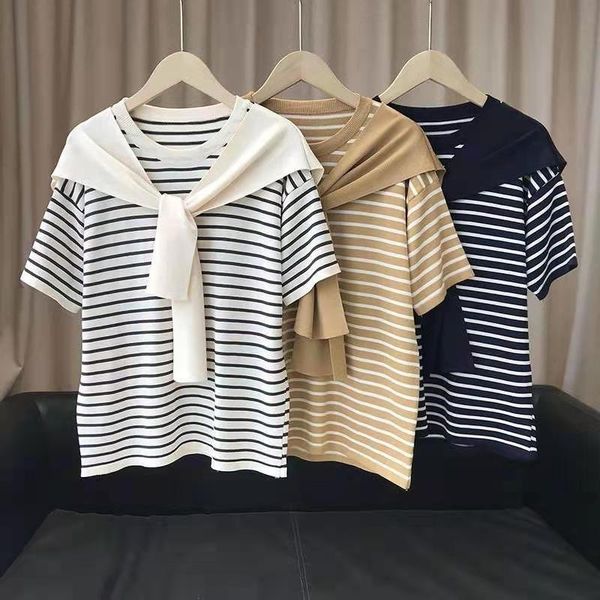 women's t-shirt loose navy style striped shawl fake two knit t-shirts for women, White
women's t-shirt loose navy style striped shawl fake two knit t-shirts for women, White