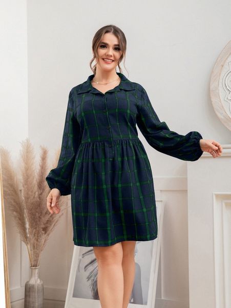plus plaid bishop sleeve shirt dress t73d#, Black