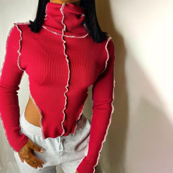 women's t-shirt eifer spring and autumn fashion contrast color high neck long sleeve shirts for women, White
women's t-shirt eifer spring and autumn fashion contrast color high neck long sleeve shirts for women, White