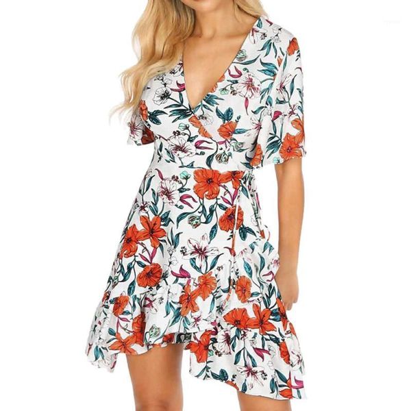 fashion dress women summer vneck flare sleeve casual floral print bandage ruffles hem mini female beach women's swimwear, White;black
fashion dress women summer vneck flare sleeve casual floral print bandage ruffles hem mini female beach women's swimwear, White;black