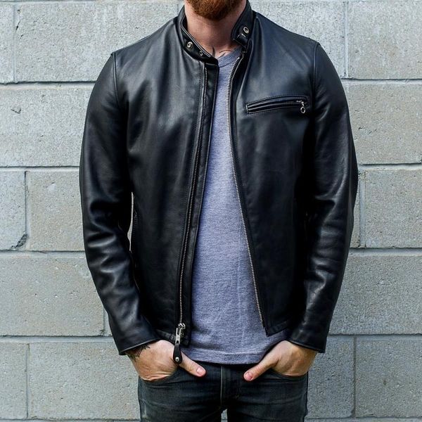men's leather & faux genuine heavy horsehide cafe racer coffee knight collar man horse jackets section neckline motorcycle jacket, Black
men's leather & faux genuine heavy horsehide cafe racer coffee knight collar man horse jackets section neckline motorcycle jacket, Black