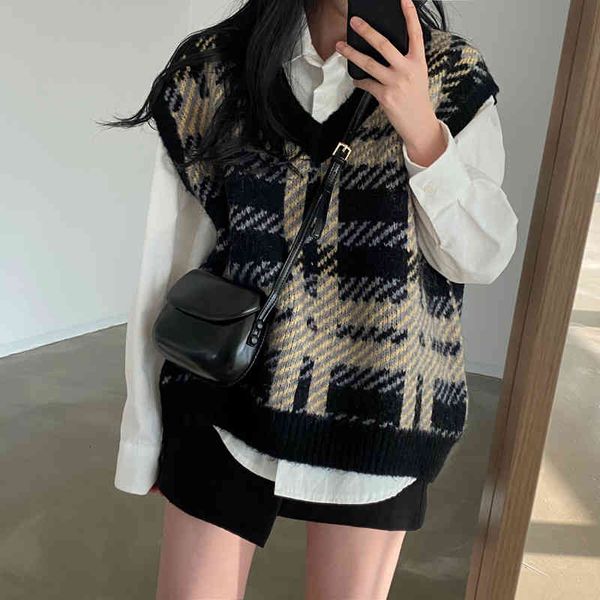 women's sweaters colete de camisola solta empilhar verificado colete + terno camisa branca rz64, White;black
women's sweaters colete de camisola solta empilhar verificado colete + terno camisa branca rz64, White;black