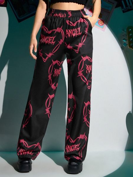 romwe heart letter graphic pants o33k#, Black;white
