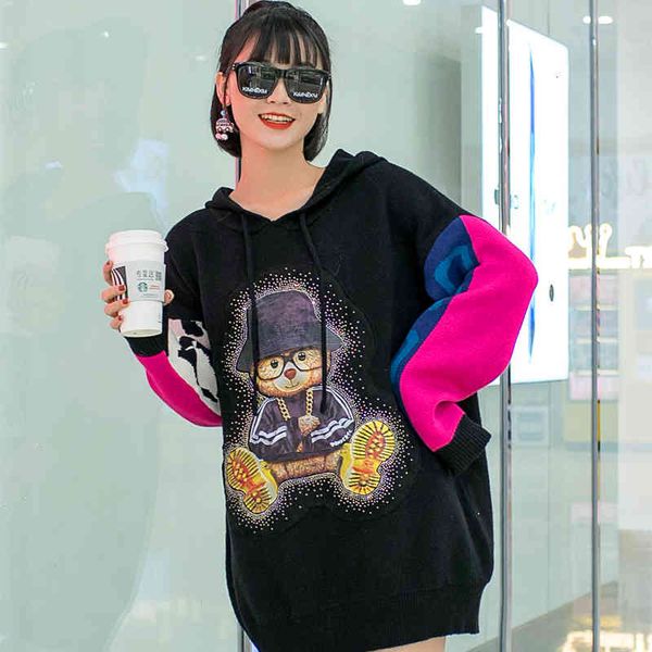 sweaters women's europe station cartoon rhinestone hooded sweater dress women loose outer wear net red knitted top, White;black
sweaters women's europe station cartoon rhinestone hooded sweater dress women loose outer wear net red knitted top, White;black