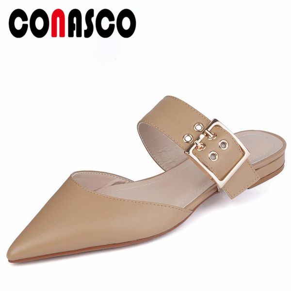 sandals conasco metal buckle mules women fashion concise genuine leather slippers pointed toe low heels shoes woman summer, Black 
sandals conasco metal buckle mules women fashion concise genuine leather slippers pointed toe low heels shoes woman summer, Black