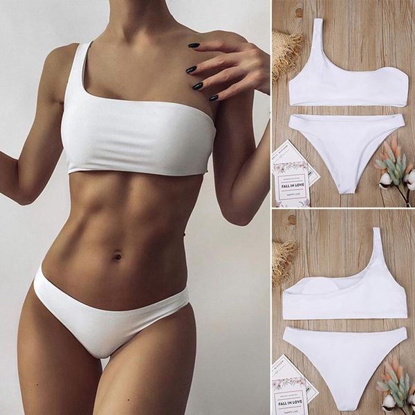 women's swimwear one shoulder bikini women solid set push up swimsuit beachwear padded bather bathing suit, White;black
women's swimwear one shoulder bikini women solid set push up swimsuit beachwear padded bather bathing suit, White;black
