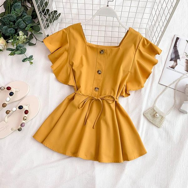 women's blouses & shirts summer ruffled shirt korean retro wild solid square collar butterfly sleeve lace women and gd468, White
women's blouses & shirts summer ruffled shirt korean retro wild solid square collar butterfly sleeve lace women and gd468, White