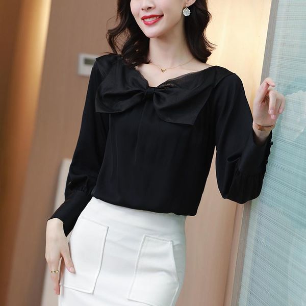 spring autumn real silk women black shirt elegant fashion bow v-neck long sleeve solid blouses office lady natural blouse women's & shi, White
spring autumn real silk women black shirt elegant fashion bow v-neck long sleeve solid blouses office lady natural blouse women's & shi, White