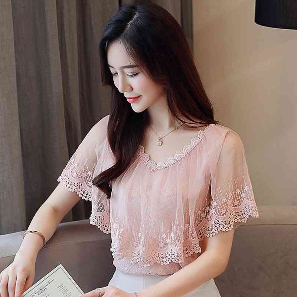 women and blouses summer lace mesh women's blouse shirt fashion blusa ruff short sleeve female shirts 824a 210420, White
women and blouses summer lace mesh women's blouse shirt fashion blusa ruff short sleeve female shirts 824a 210420, White