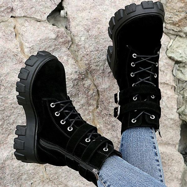 boots women platform square heels ankle females two buckles lace up solid color flock footwear ladies chunky short, Black
boots women platform square heels ankle females two buckles lace up solid color flock footwear ladies chunky short, Black