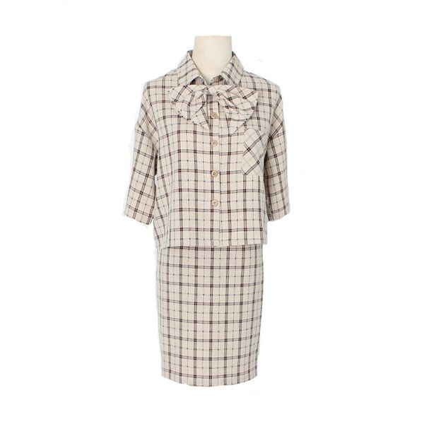 women turn down collar two pieces set short sleeve shirt mini skirt khaki plaid bow t0190 210514, White
women turn down collar two pieces set short sleeve shirt mini skirt khaki plaid bow t0190 210514, White