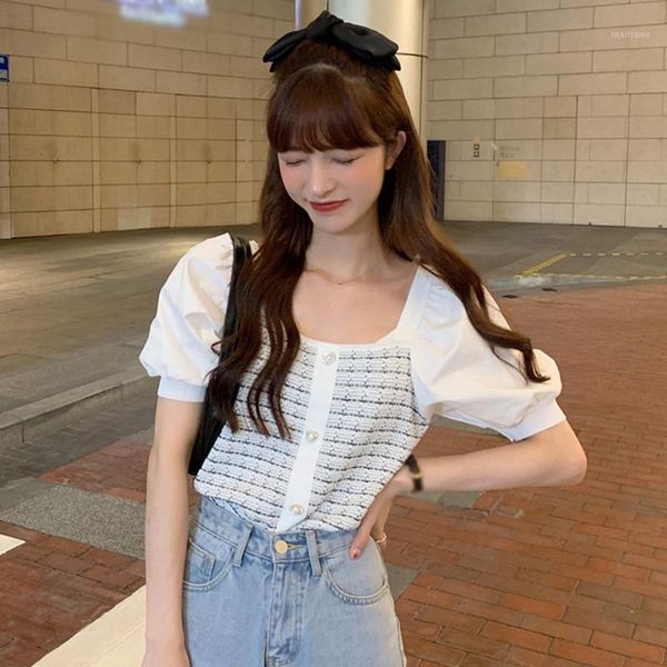 women's t-shirt women sweet t shirts square collar puff sleeve plaid splicing lady summer slim short knitted, White
women's t-shirt women sweet t shirts square collar puff sleeve plaid splicing lady summer slim short knitted, White