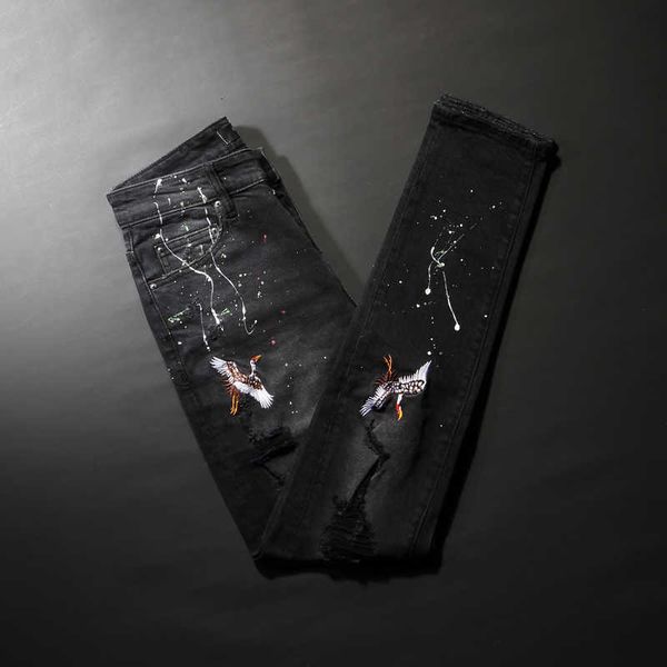 men's jeans american street style fashion embroidery designer black slim fit ripped painted hip hop punk pants fm2d, Blue
men's jeans american street style fashion embroidery designer black slim fit ripped painted hip hop punk pants fm2d, Blue