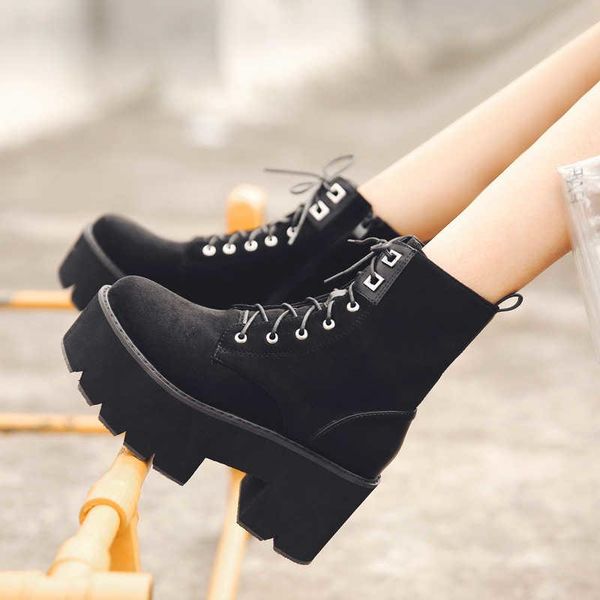 boots thick bottom heel lace up plush suede punk, Black