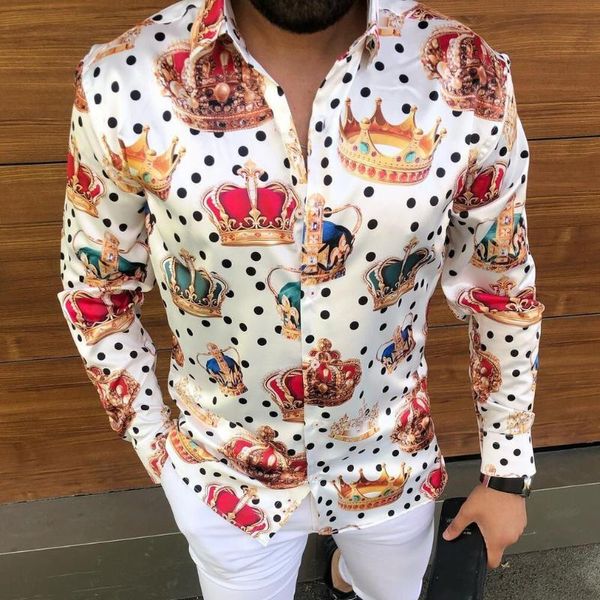 men's casual shirts luxury crown printed shirt, long sleeve tights, social party clothes, spring 2021, White;black
men's casual shirts luxury crown printed shirt, long sleeve tights, social party clothes, spring 2021, White;black