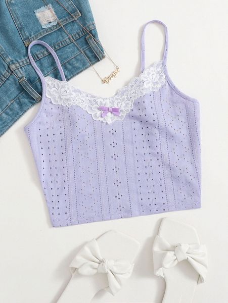 lace trim bow front cami m0vt#, White