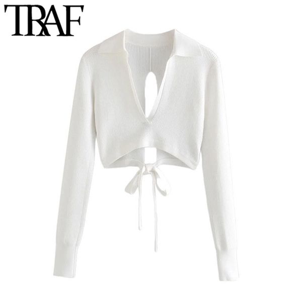 traf women fashion deep v neck cropped knit sweater vintage backless with bow tied female pullovers chic 210914, White;black
traf women fashion deep v neck cropped knit sweater vintage backless with bow tied female pullovers chic 210914, White;black
