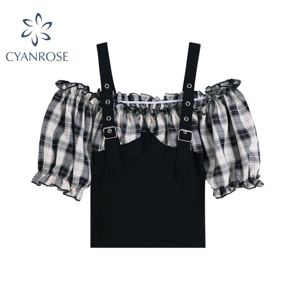 korean streetwear plaid short-sleeved wommen comisole blouses slash neck black skinny vevts summer new fake two-piece 210417, White
korean streetwear plaid short-sleeved wommen comisole blouses slash neck black skinny vevts summer new fake two-piece 210417, White