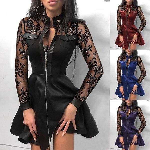 elagant woman dress faux leather lace long sleeve zipper mini dresses spring autumn office lady stand collar slim casual, Black;gray
elagant woman dress faux leather lace long sleeve zipper mini dresses spring autumn office lady stand collar slim casual, Black;gray