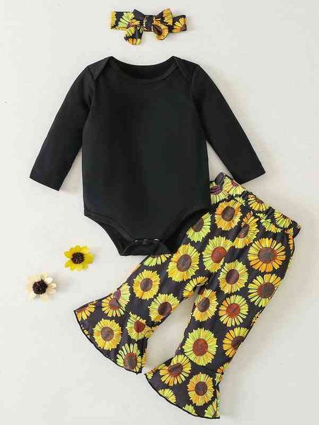baby solid bodysuit & sunflower print flare leg pants & headband she, White
baby solid bodysuit & sunflower print flare leg pants & headband she, White