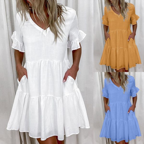 deey v neck ruffle womens dress mini sleeve straight loose casual elegant summer white dresses, Black;gray
deey v neck ruffle womens dress mini sleeve straight loose casual elegant summer white dresses, Black;gray