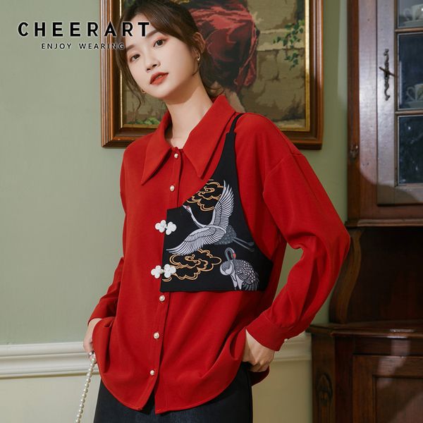 red crane print frog button up collar shirt women japanese fashion long sleeve vintage blouse fall clothing 210427, White
red crane print frog button up collar shirt women japanese fashion long sleeve vintage blouse fall clothing 210427, White