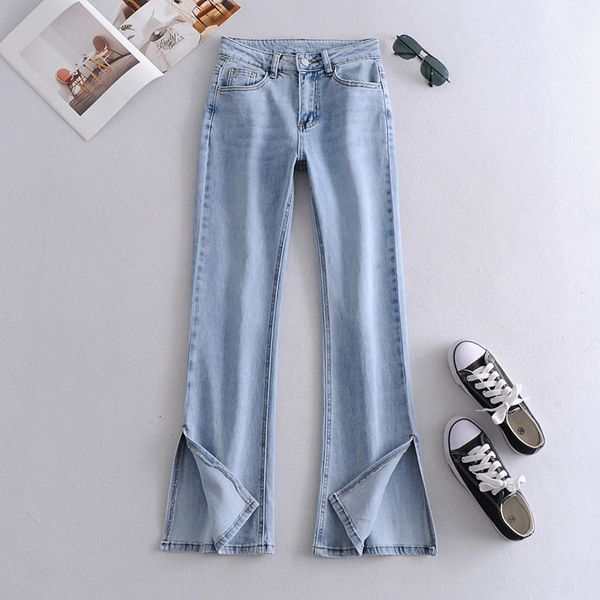 women's jeans trendy retro horn slit high waist spring and autumn new loose scratch pattern washed slim stretch trousers kxqk, Blue