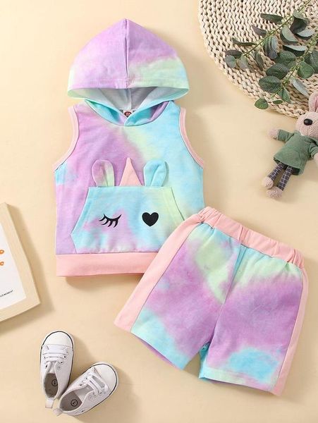 baby tie dye heart print 3d ears design hooded tank & shorts she, White 
baby tie dye heart print 3d ears design hooded tank & shorts she, White