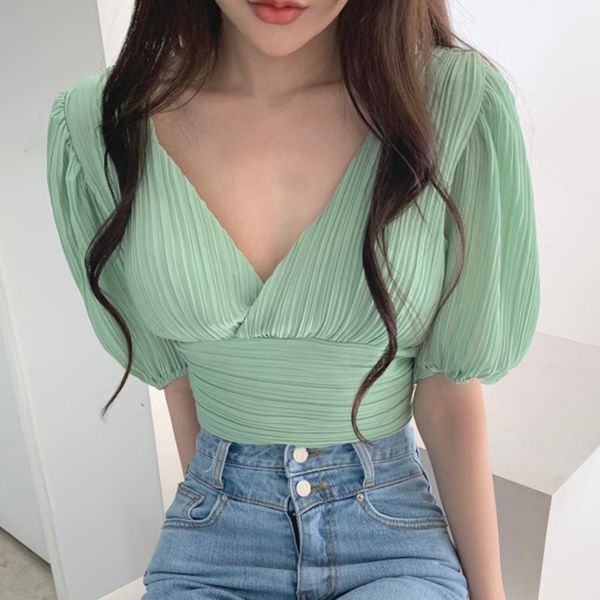women light green chiffon backless belt blouse v-neck half puff sleeve shirt fashion spring summer 2f0547 210510, White
women light green chiffon backless belt blouse v-neck half puff sleeve shirt fashion spring summer 2f0547 210510, White