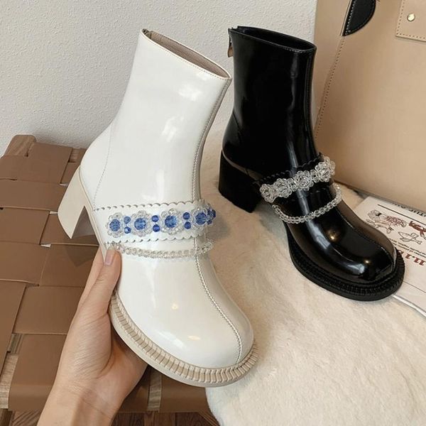 boots womens crystal beads floral chain ankle round toe block high heel shoes black white real leather 2022
boots womens crystal beads floral chain ankle round toe block high heel shoes black white real leather 2022