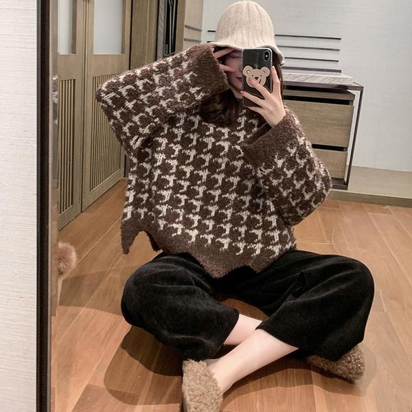 women's sweaters vintage asymmetrical wavy hem houndstooth pullovers korean fashion autumn winter lazy wind loose knitted jumpers ladie, White;black
women's sweaters vintage asymmetrical wavy hem houndstooth pullovers korean fashion autumn winter lazy wind loose knitted jumpers ladie, White;black