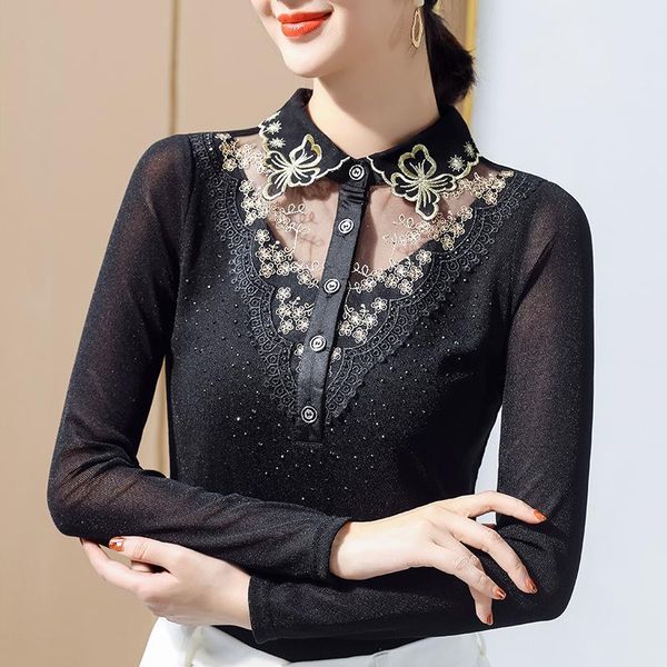 women's t-shirt black high-end 2021 spring autumn long sleeve mesh elgant slim embroidered lady shirt plus size blusas, White
women's t-shirt black high-end 2021 spring autumn long sleeve mesh elgant slim embroidered lady shirt plus size blusas, White