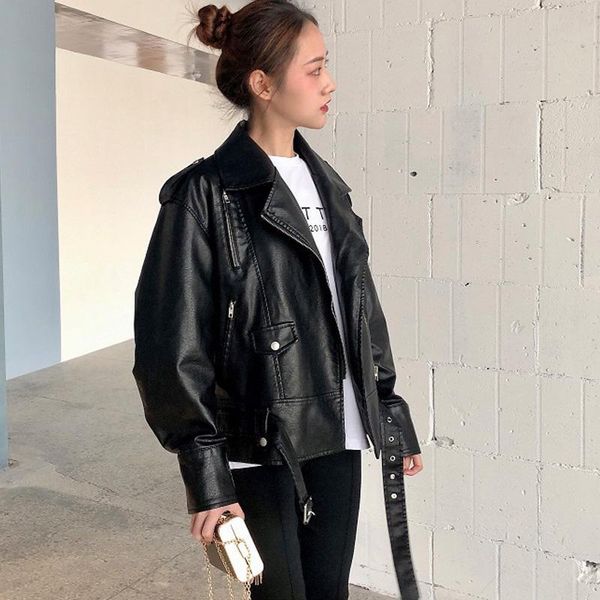 women's leather & faux autumn pu jacket women casual loose soft ladies motorcycle punk coat female biker zipper outerwear amej, Black
women's leather & faux autumn pu jacket women casual loose soft ladies motorcycle punk coat female biker zipper outerwear amej, Black