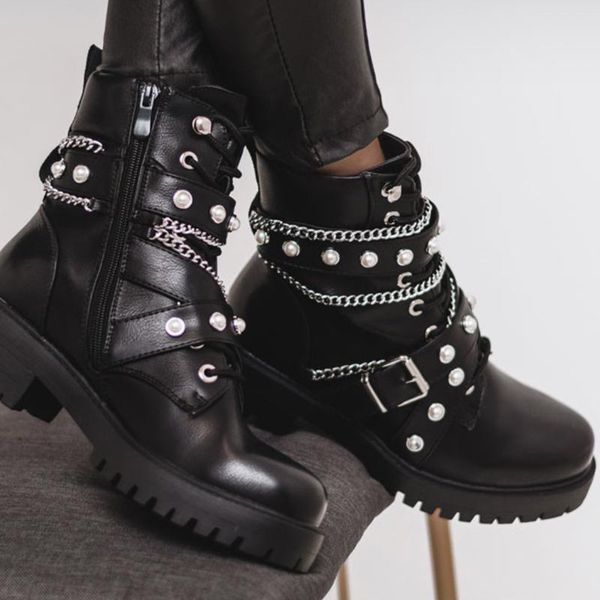 boots 2021 metal chain pearls motorcycle soft leather buckle strap ladies shoes zip-up cross-tied footwear women short, Black 
boots 2021 metal chain pearls motorcycle soft leather buckle strap ladies shoes zip-up cross-tied footwear women short, Black