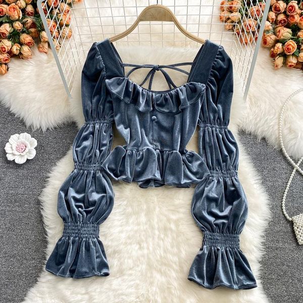 women's blouses & shirts autumn french pleated puff long sleeve ruffle edge square neck close waist thin golden velvet shirt france sho, White
women's blouses & shirts autumn french pleated puff long sleeve ruffle edge square neck close waist thin golden velvet shirt france sho, White