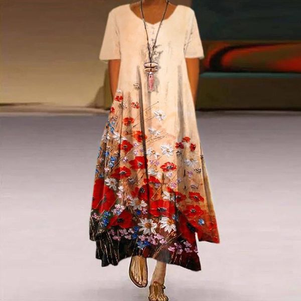 women's swimwear summer long dress 2021 retro floral printed dresses v-neck loose a-line sun with pocket short sleeve maxi for women, White;black
women's swimwear summer long dress 2021 retro floral printed dresses v-neck loose a-line sun with pocket short sleeve maxi for women, White;black