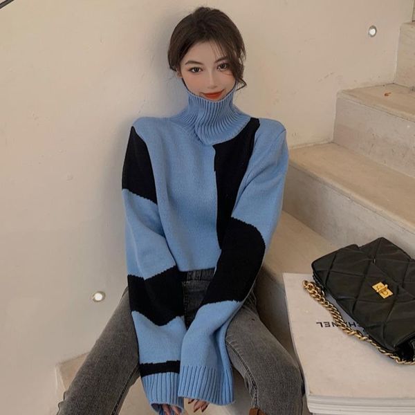minimalist pullover knitted sweater winter loose turtle neck long-sleeved women thickened patchwork women's sweaters, White;black
minimalist pullover knitted sweater winter loose turtle neck long-sleeved women thickened patchwork women's sweaters, White;black